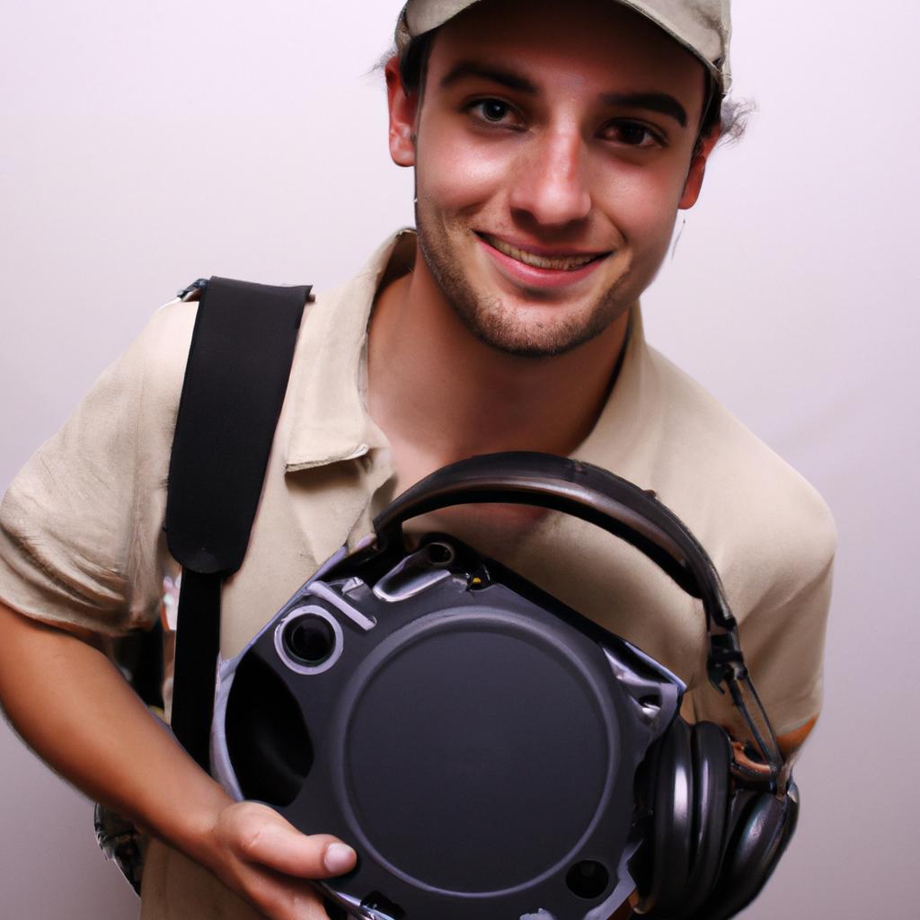 Person holding audio equipment, smiling