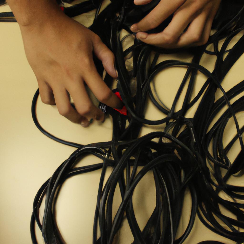 Person organizing audio cables neatly