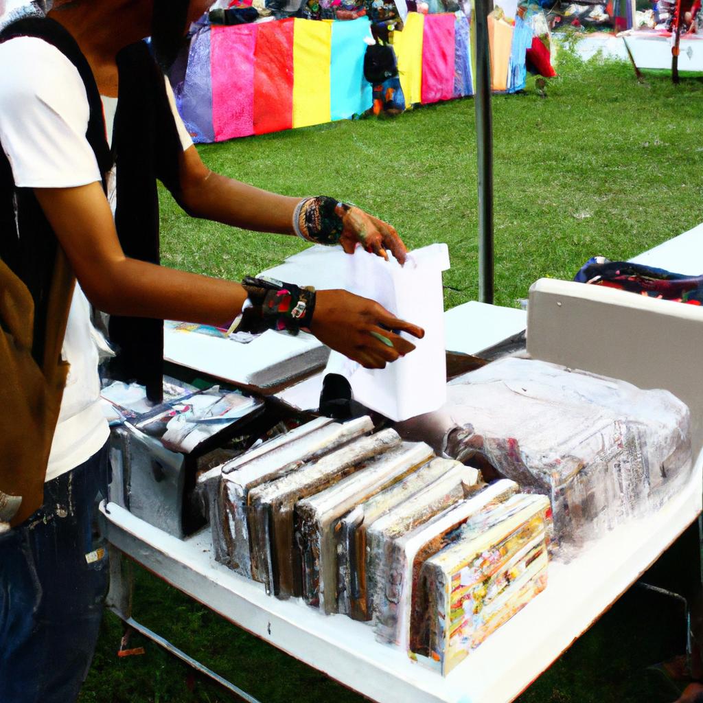 Person selling concert merchandise at stall