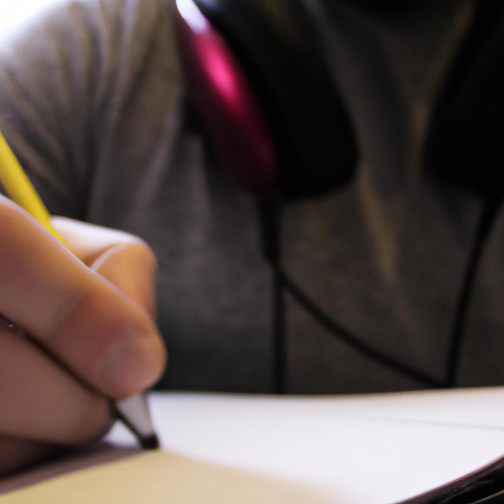 Person using headphones, writing notes