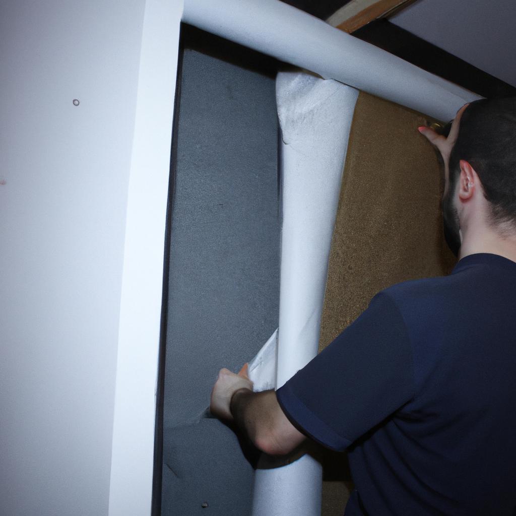 Person installing soundproofing materials